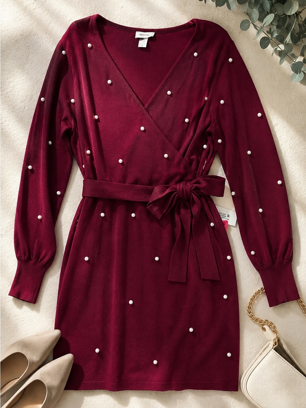 IMMODEL NWT Burgundy Faux Pearl Wrap Sweater‎ Mini Dress Size Large